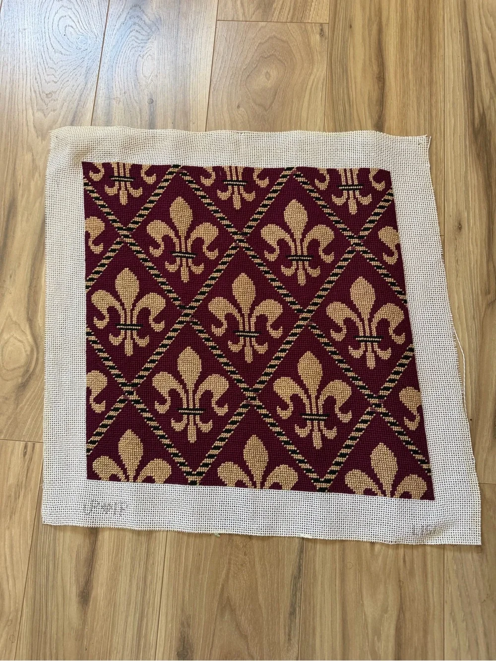 Vintage Handstitched Needlepoint Canvas Fleur-de-Lis Burgundy 15.5” Square